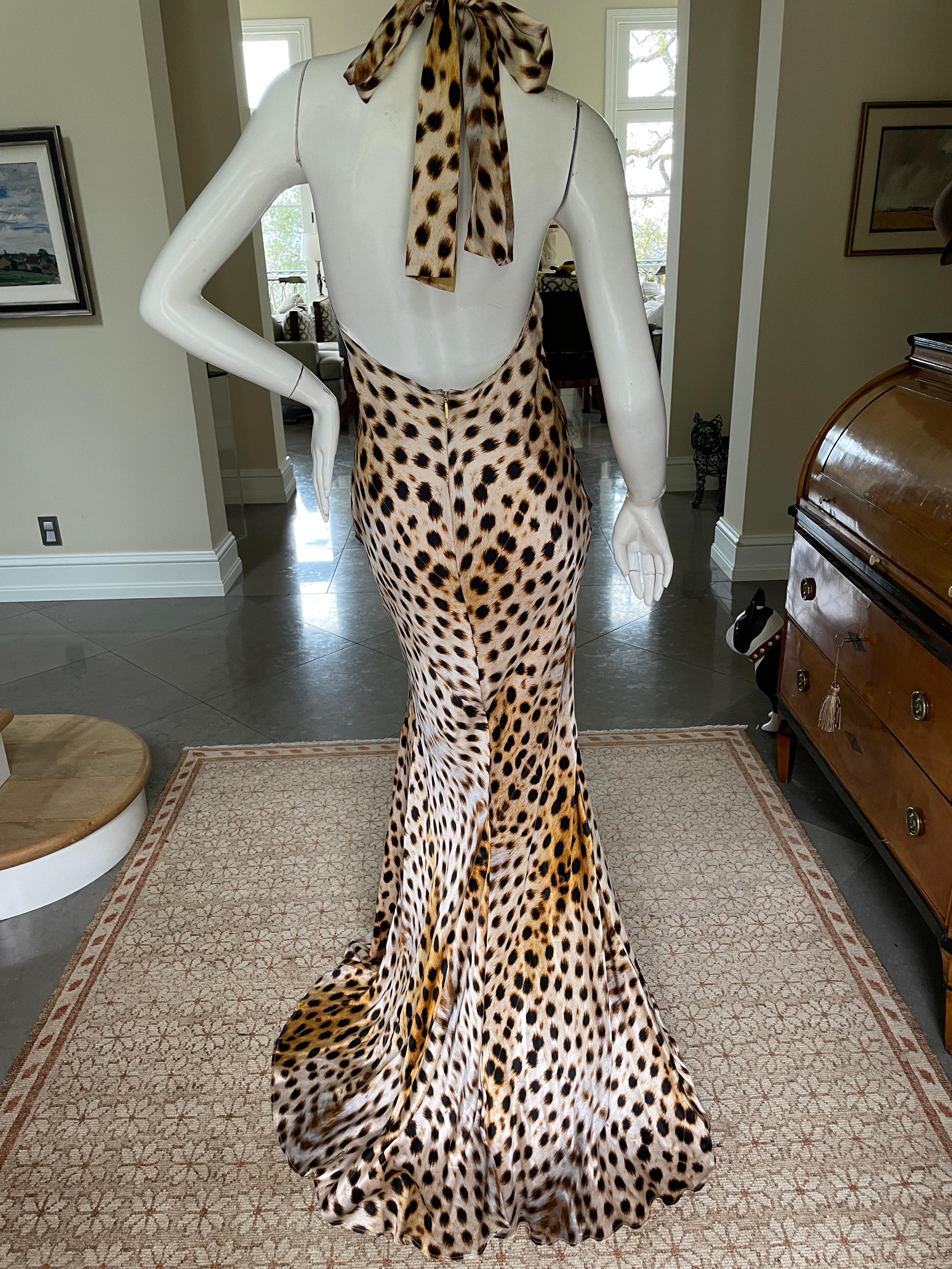 Roberto Cavalli Vintage Silk Leopard Print Halter Style Evening Dress with Train For Sale 3