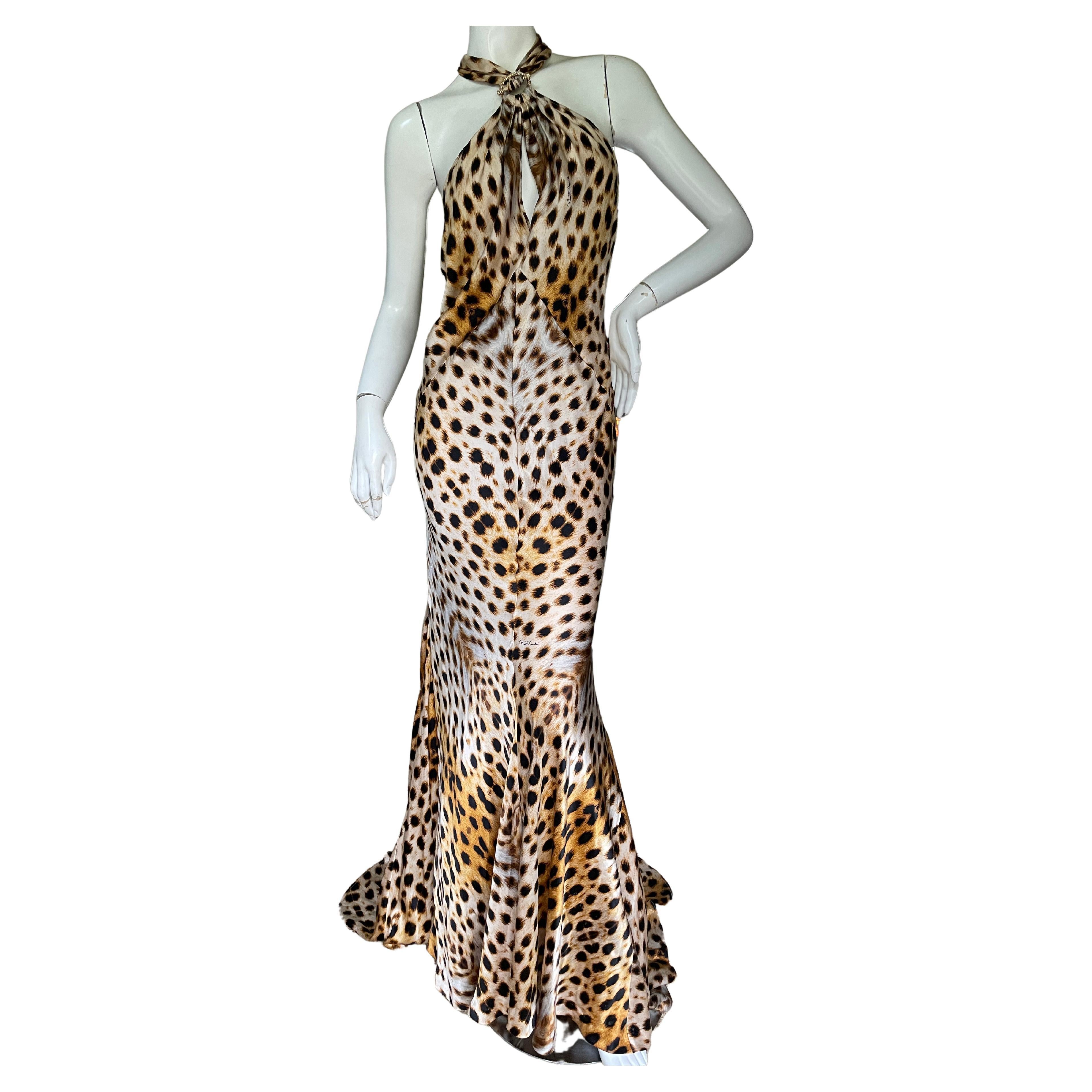 Roberto Cavalli Vintage Silk Leopard Print Halter Style Evening Dress with Train For Sale