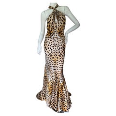 Roberto Cavalli Vintage Silk Leopard Print Halter Style Evening Dress with Train