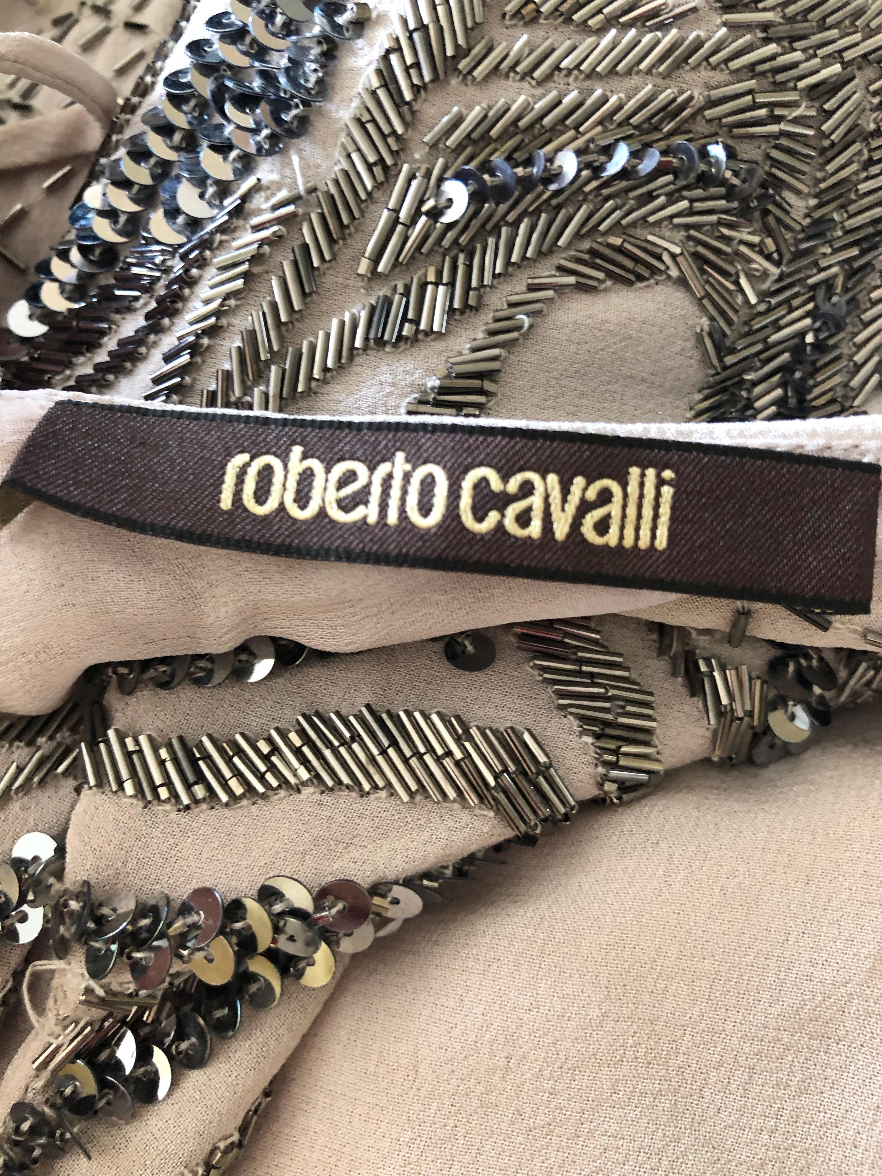 Roberto Cavalli Vintage Silk Low Cut Evening Dress w Gunmetal Bugle Bead Details 5