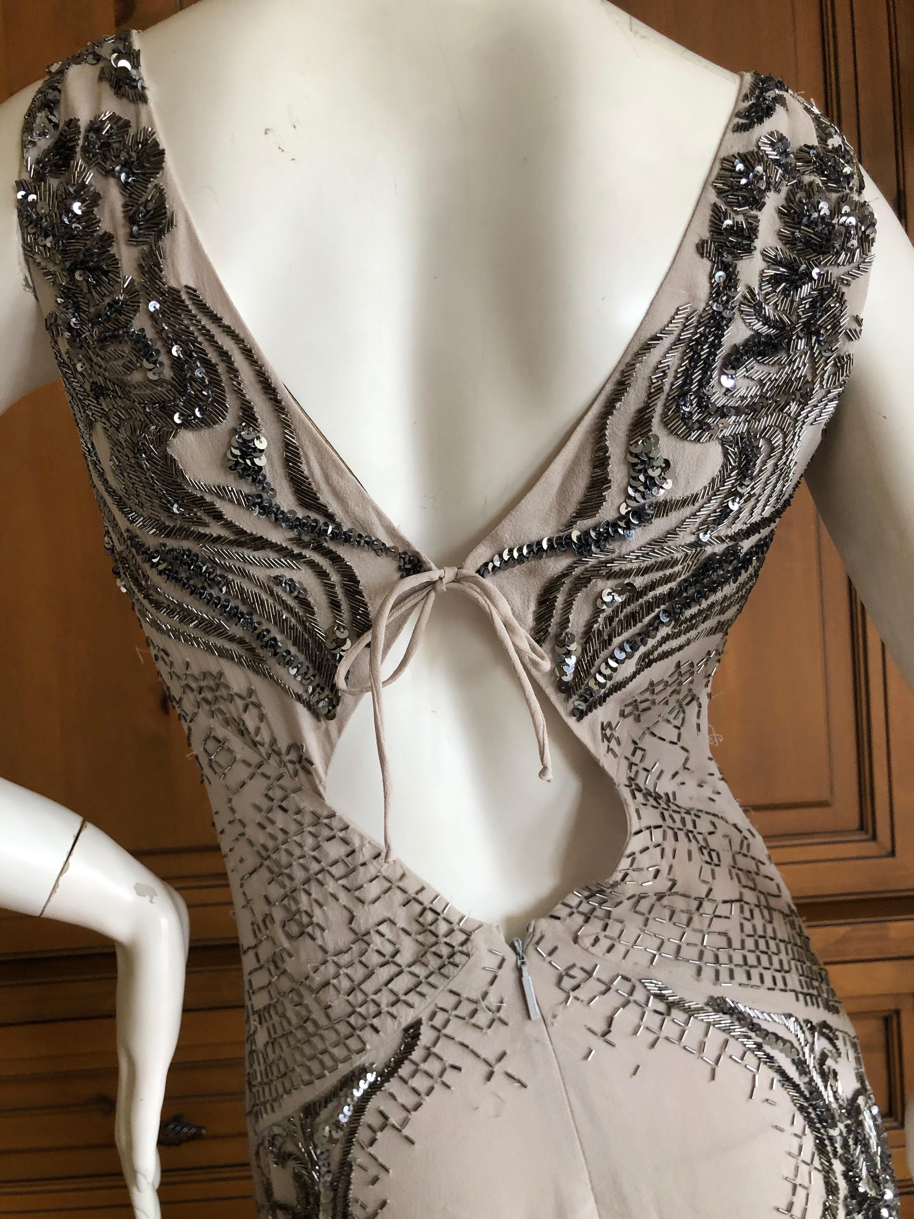Roberto Cavalli Vintage Silk Low Cut Evening Dress w Gunmetal Bugle Bead Details 7