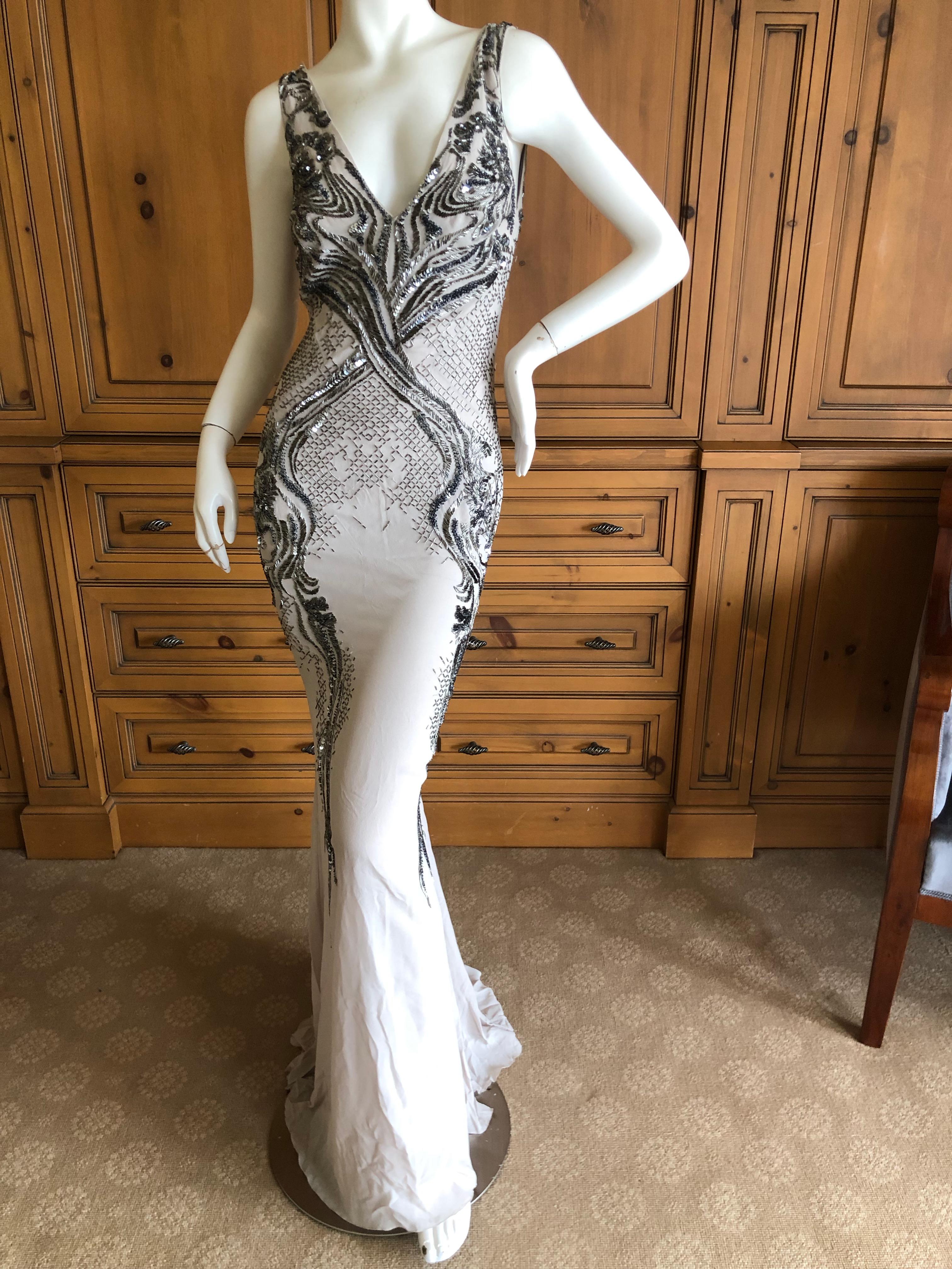 Roberto Cavalli Vintage Silk Low Cut Evening Dress w Gunmetal Bugle Bead Details
This is so pretty, the photos don't capture all details
Size 40
Bust 35