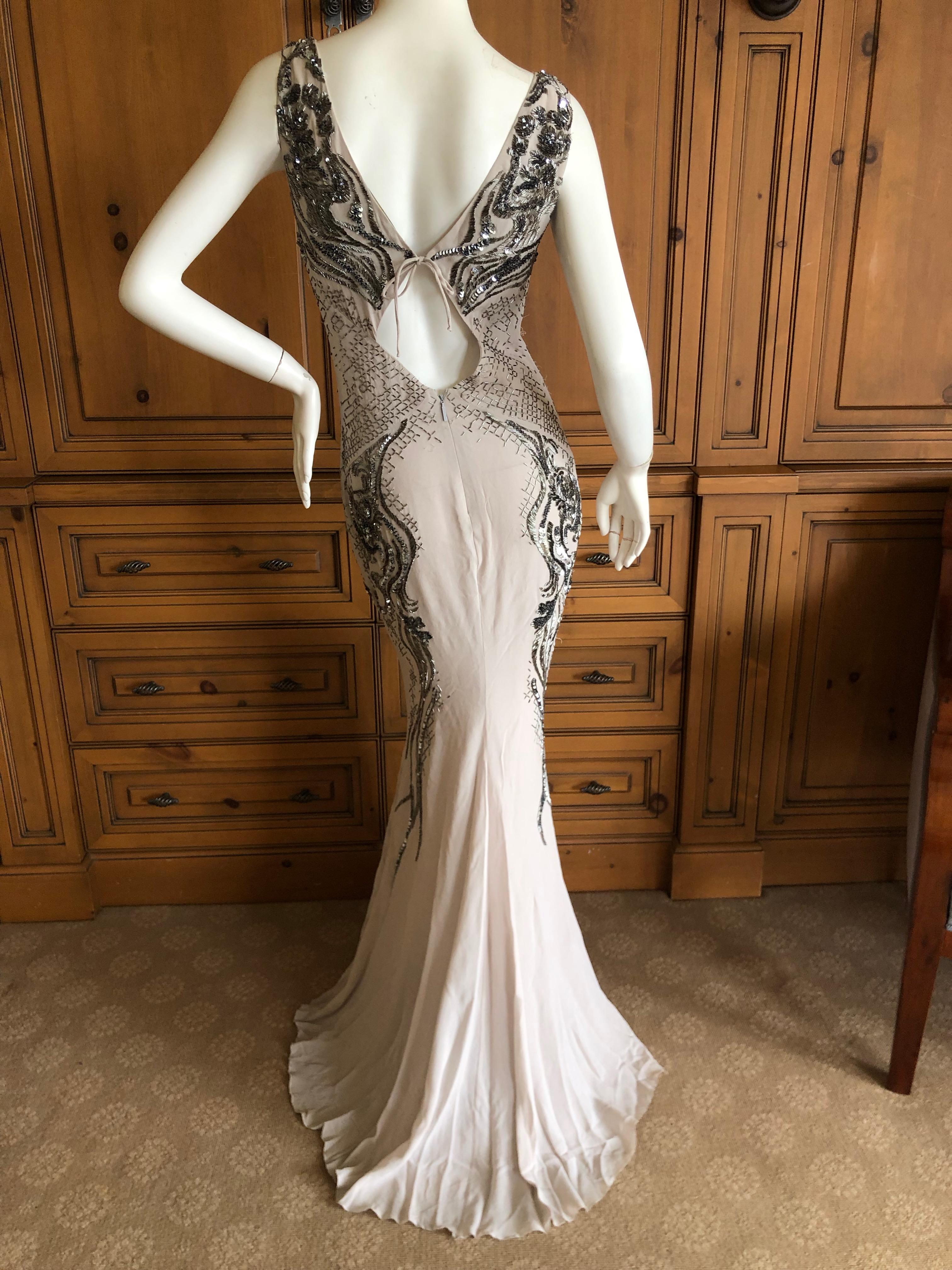 Gray Roberto Cavalli Vintage Silk Low Cut Evening Dress w Gunmetal Bugle Bead Details