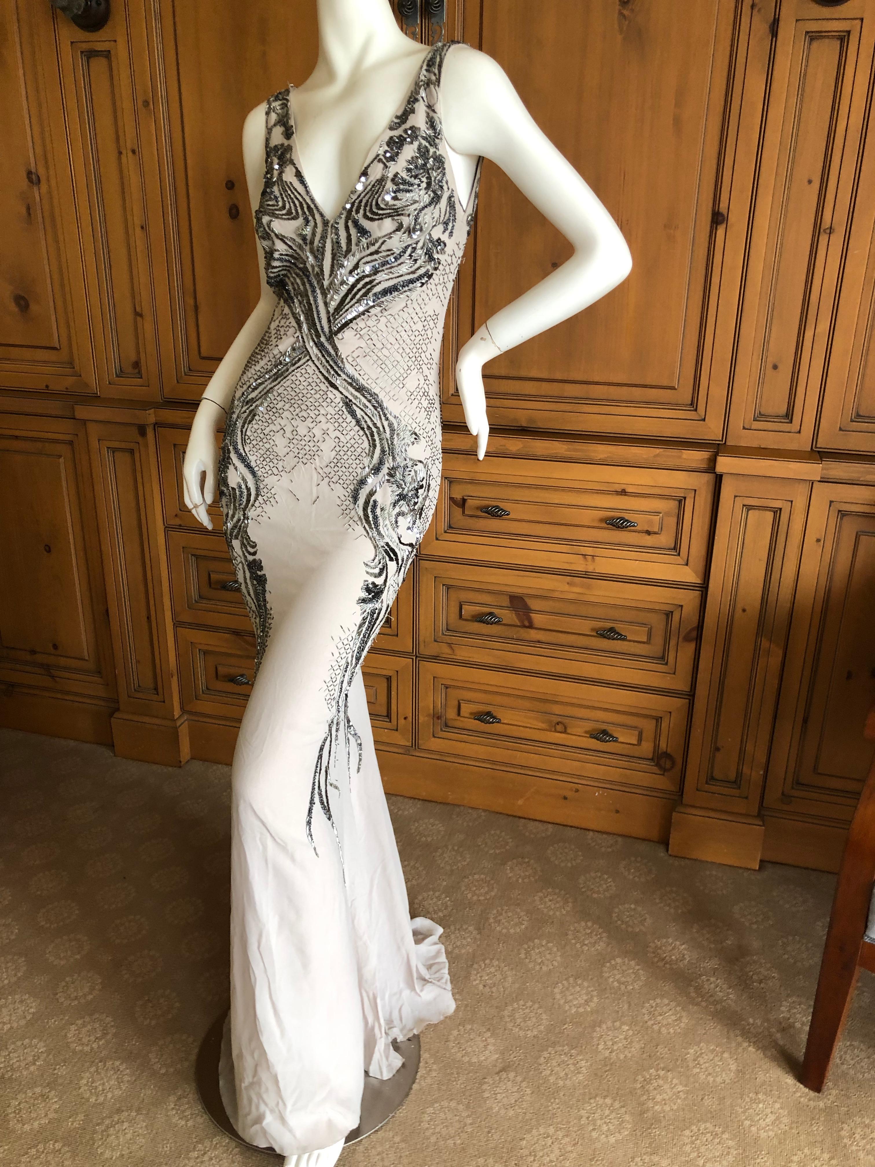Roberto Cavalli Vintage Silk Low Cut Evening Dress w Gunmetal Bugle Bead Details In Good Condition In Cloverdale, CA