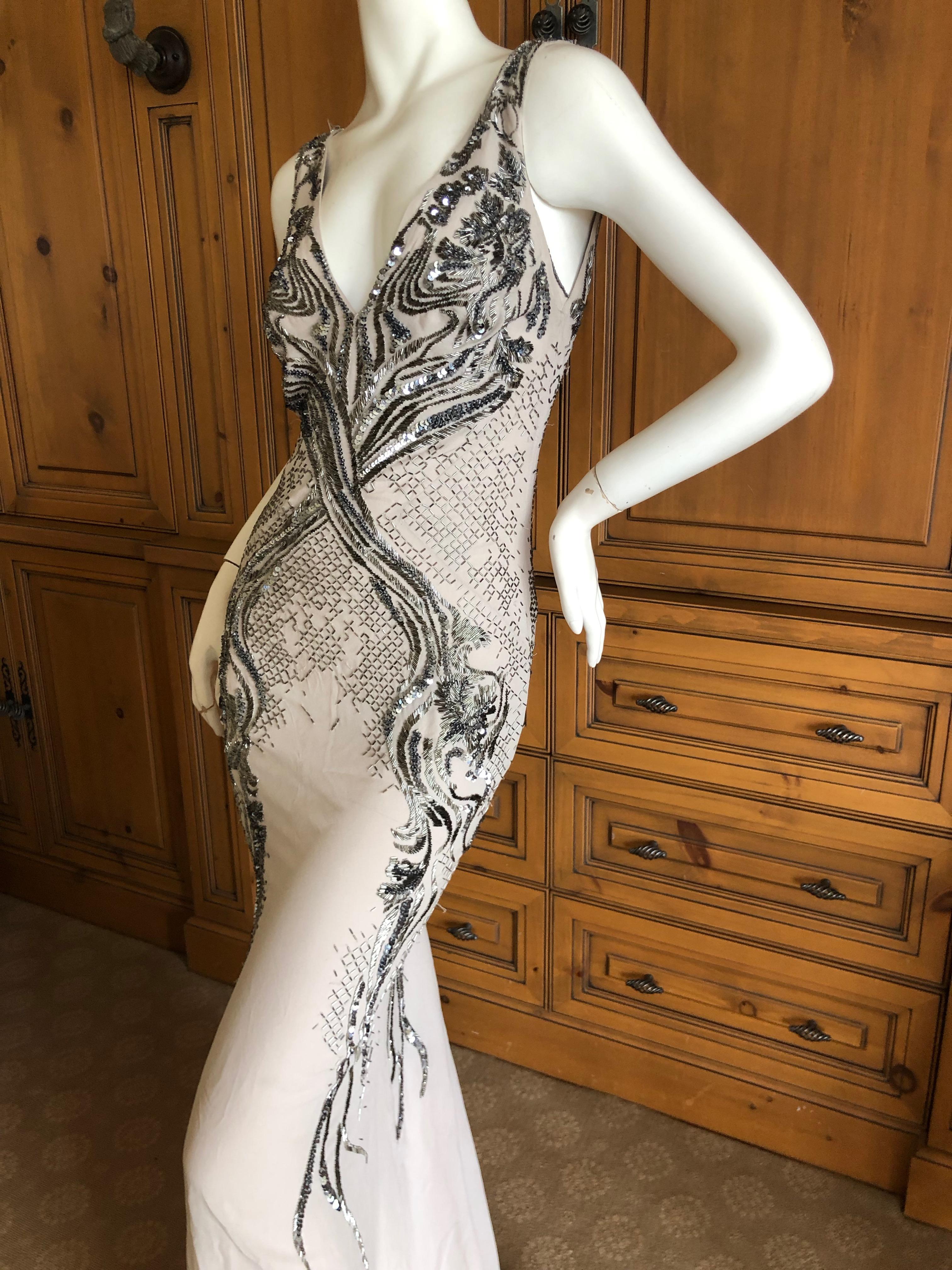 Women's Roberto Cavalli Vintage Silk Low Cut Evening Dress w Gunmetal Bugle Bead Details