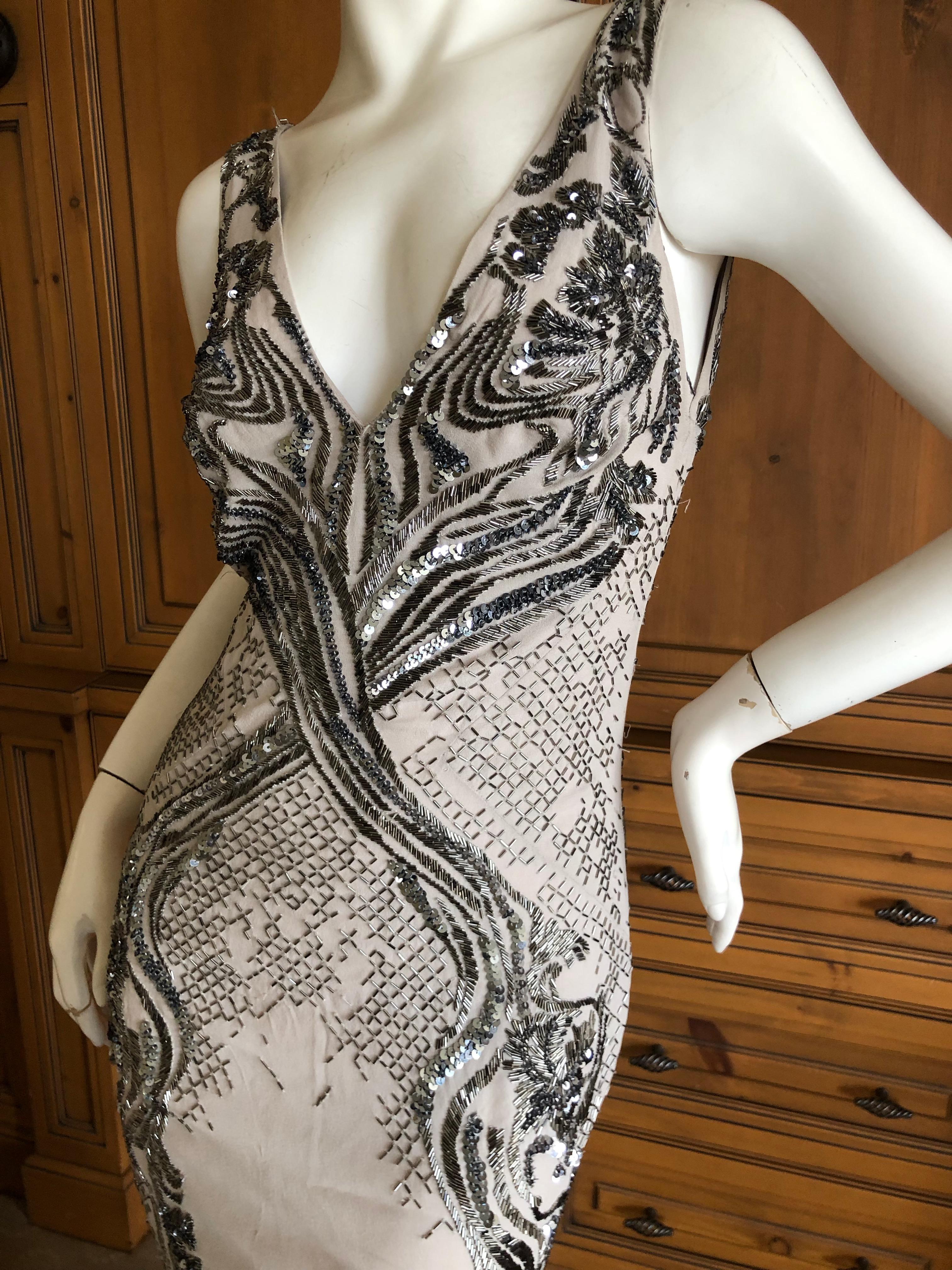Roberto Cavalli Vintage Silk Low Cut Evening Dress w Gunmetal Bugle Bead Details 1