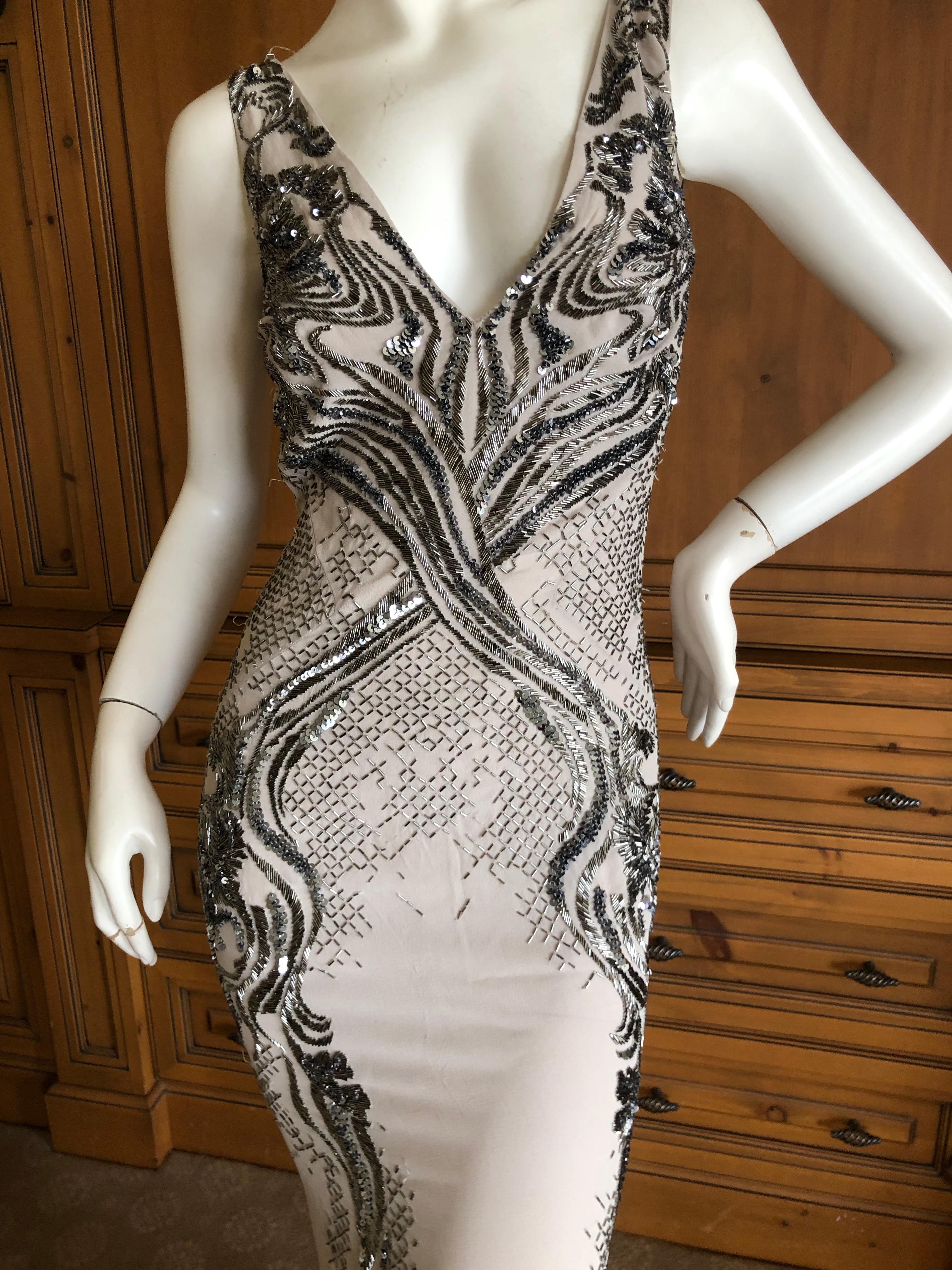Roberto Cavalli Vintage Silk Low Cut Evening Dress w Gunmetal Bugle Bead Details 2