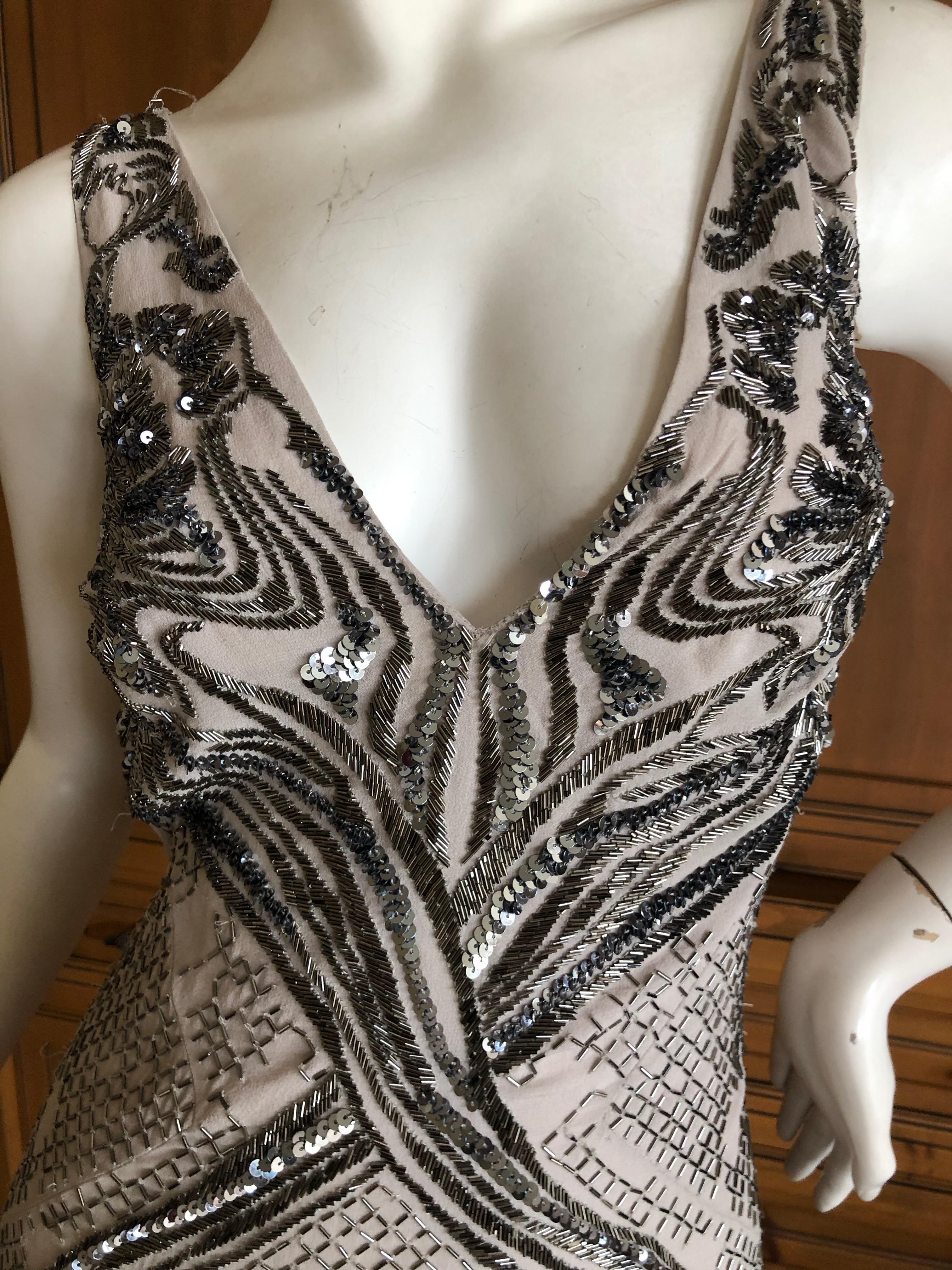 Roberto Cavalli Vintage Silk Low Cut Evening Dress w Gunmetal Bugle Bead Details 3