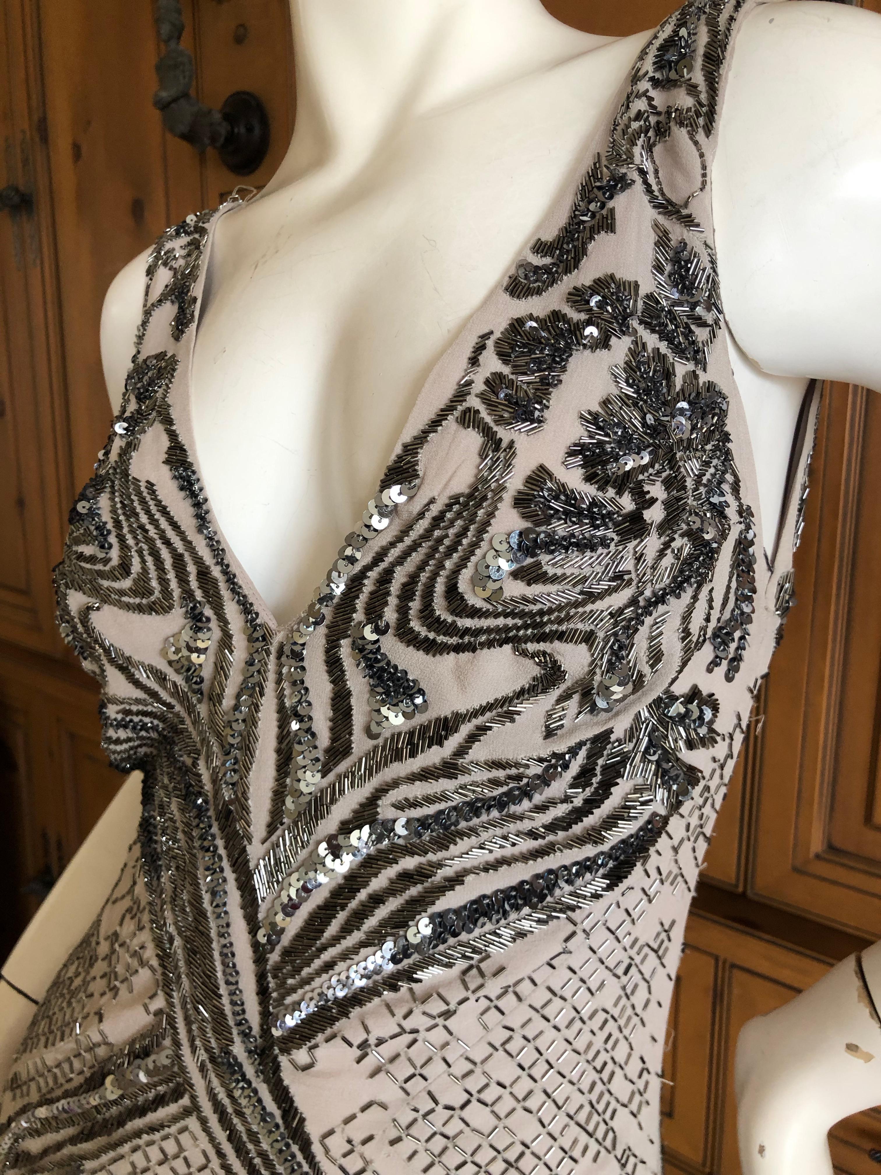 Roberto Cavalli Vintage Silk Low Cut Evening Dress w Gunmetal Bugle Bead Details 4