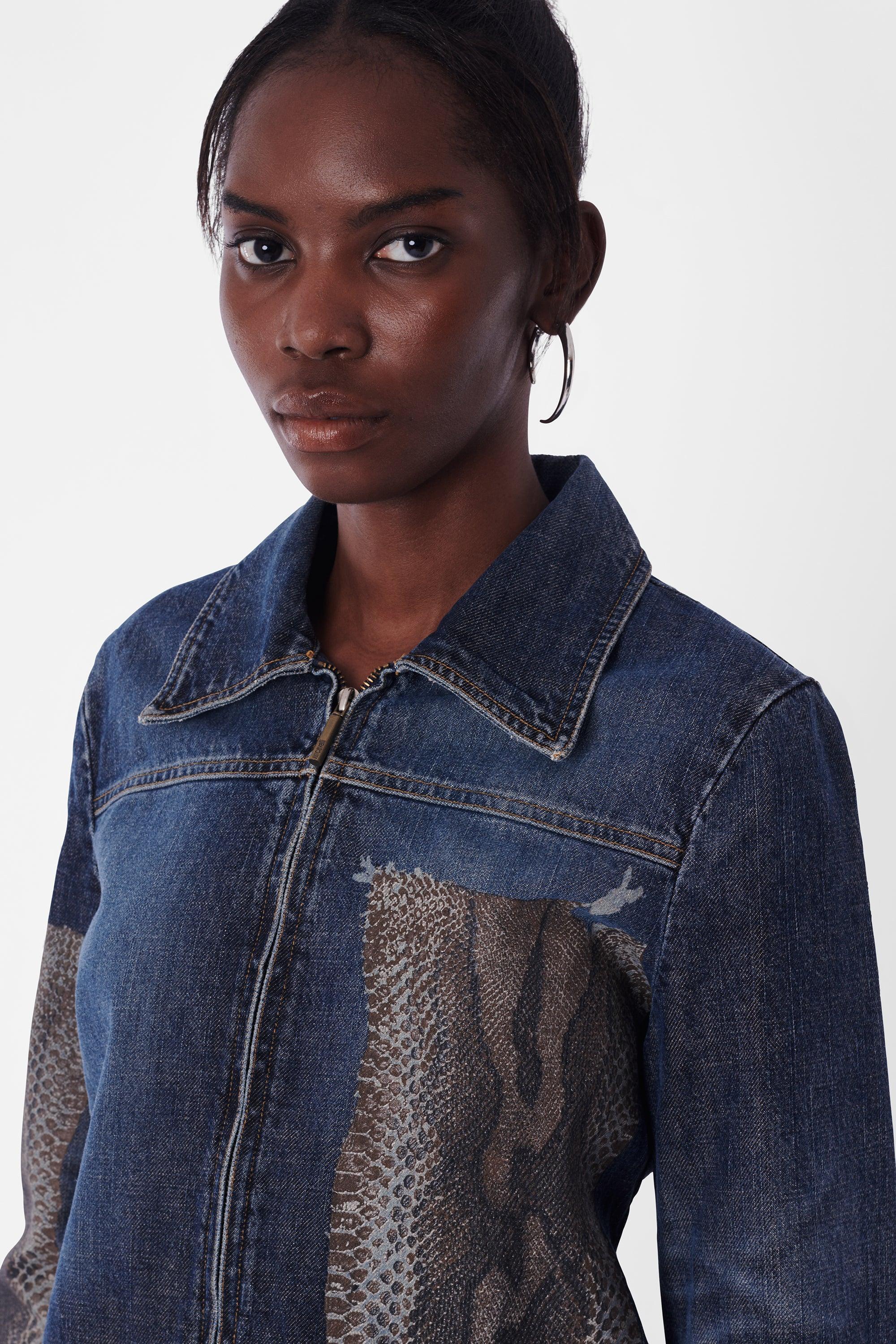 Black Roberto Cavalli Vintage Snakeskin Denim Jacket For Sale