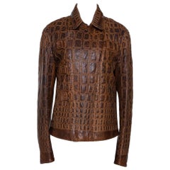 Roberto Cavalli Vintage Tan Brown Embroidered Calf Leather Moto Jacket XL