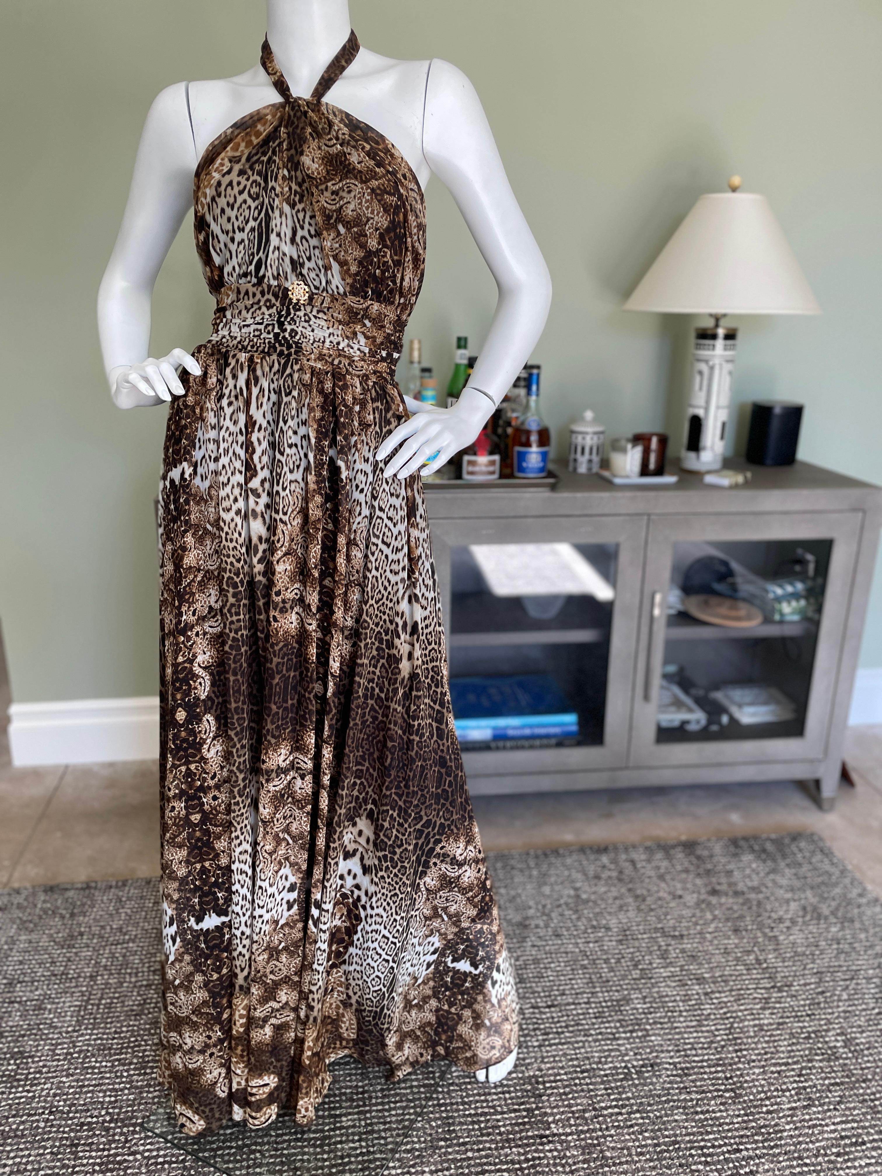 Roberto Cavalli Vintage Tie Neck Halter Style Leopard Print Evening Dress with Voluminous Skirt
Simply sensational
 Size M
 Bust 35
