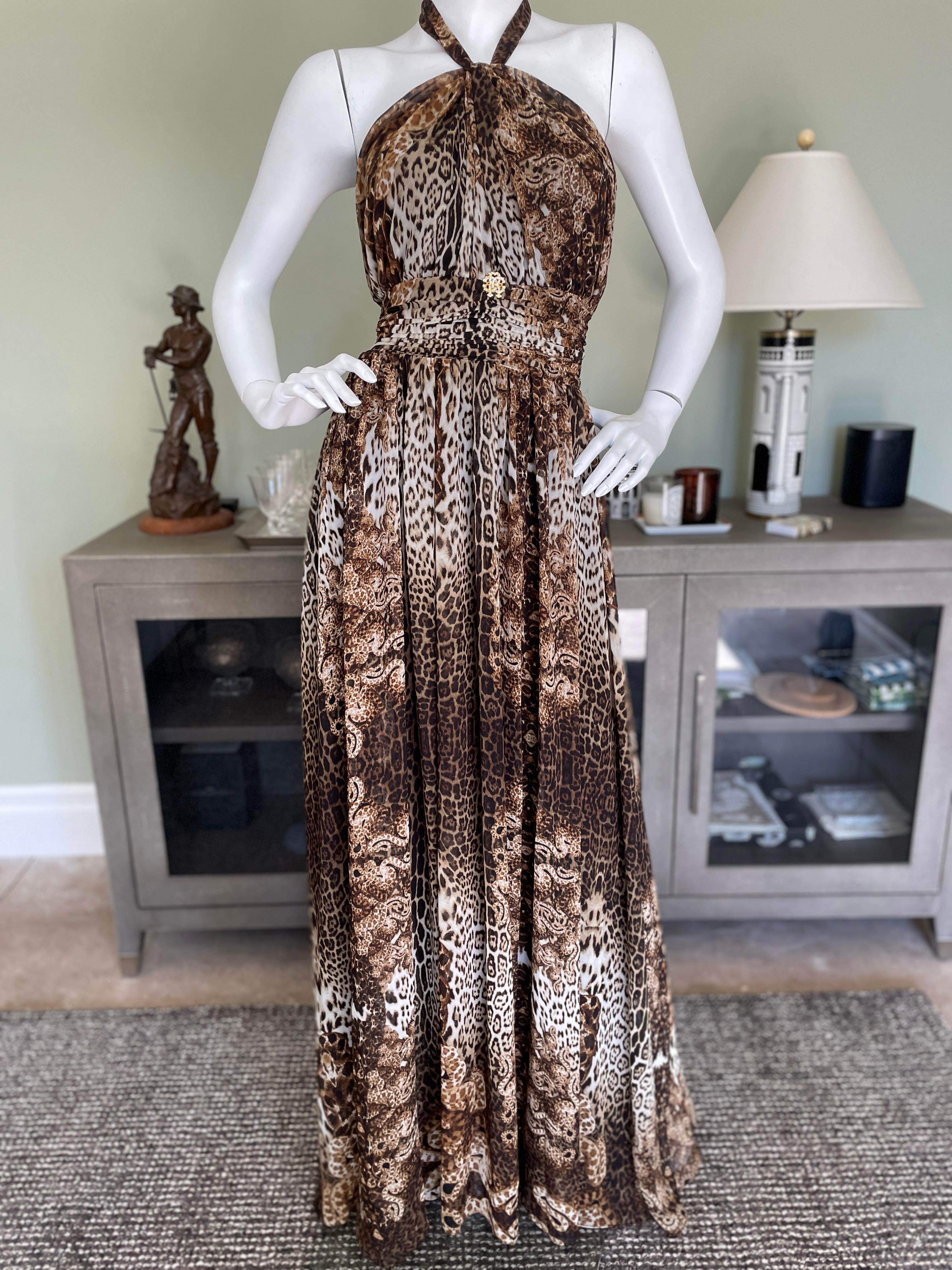 Roberto Cavalli Vintage Tie Neck Halter Style Leopard Print Evening Dress In Excellent Condition In Cloverdale, CA