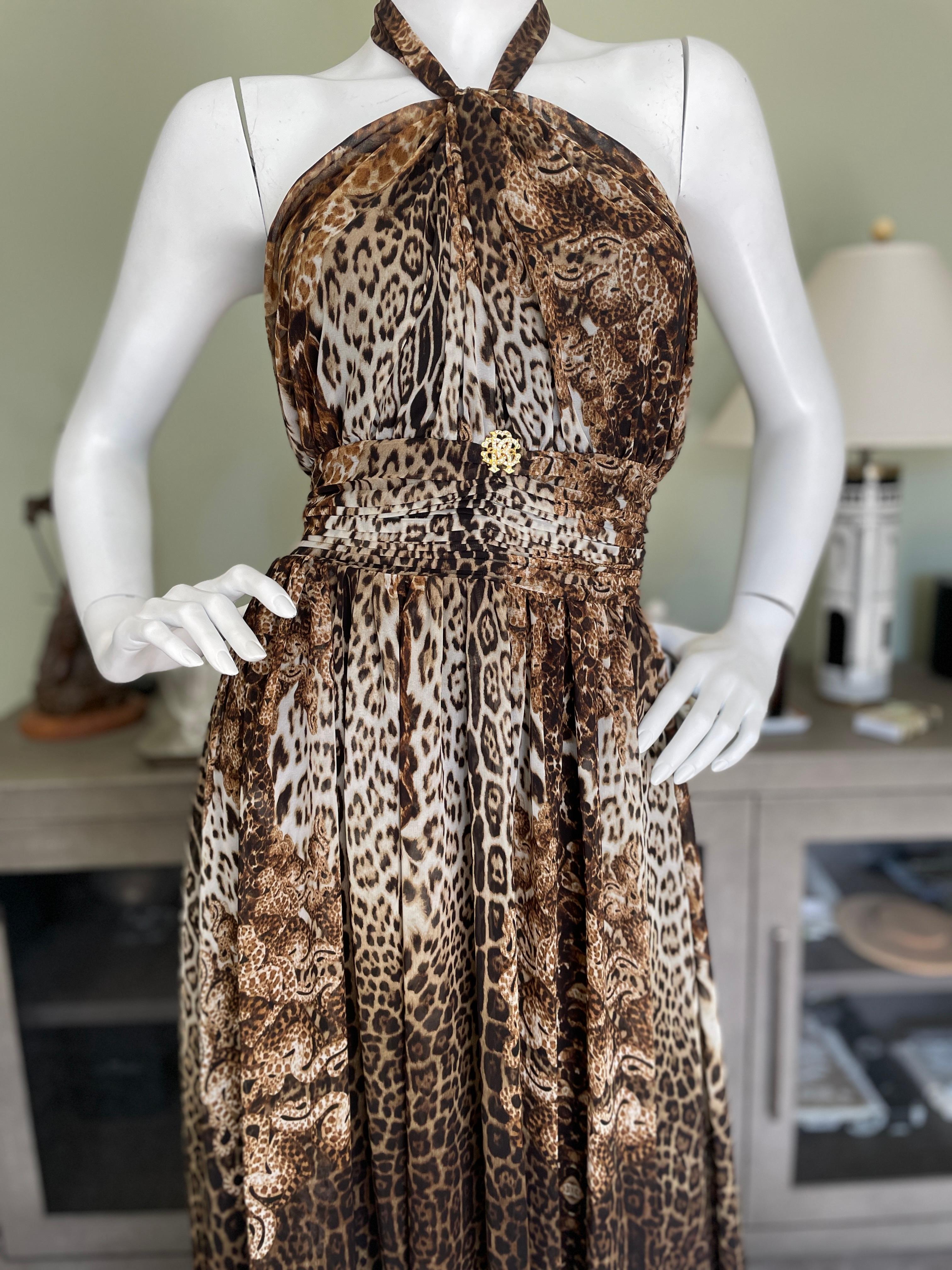 Women's Roberto Cavalli Vintage Tie Neck Halter Style Leopard Print Evening Dress