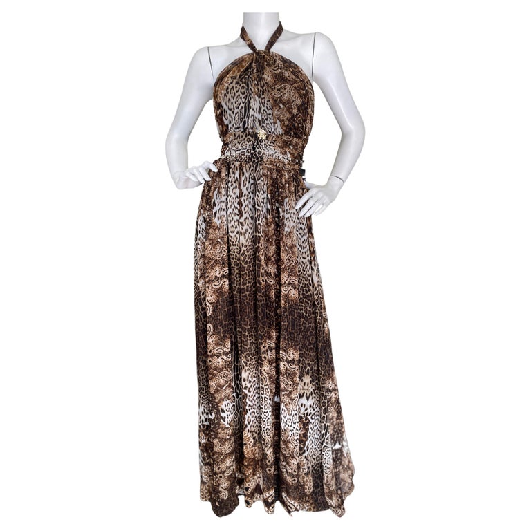 Roberto Cavalli Vintage Tie Neck Halter Style Leopard Print Evening