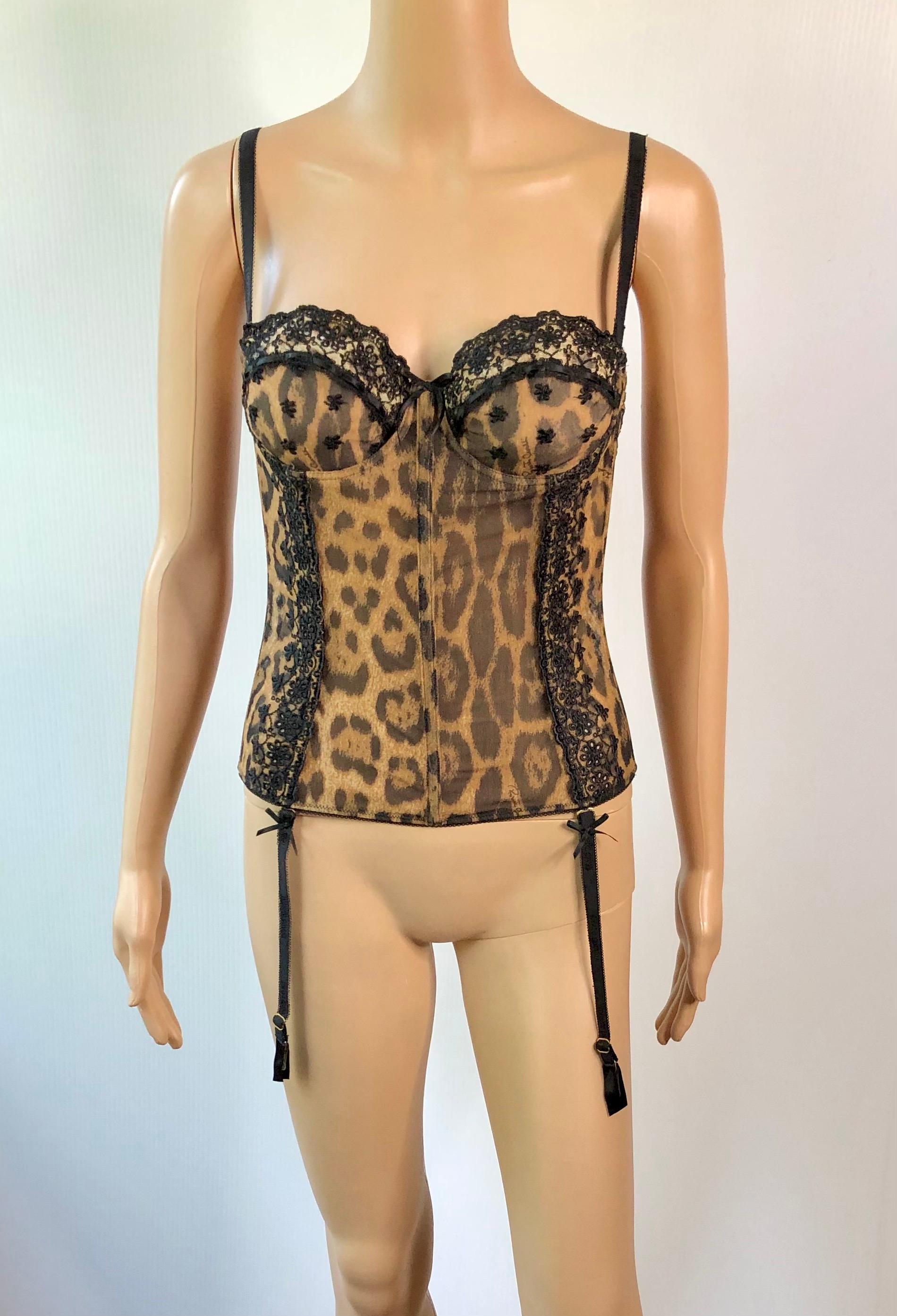 Roberto Cavalli Vintage Unworn Semi Sheer Bustier Corset Leopard Print Top IT 42