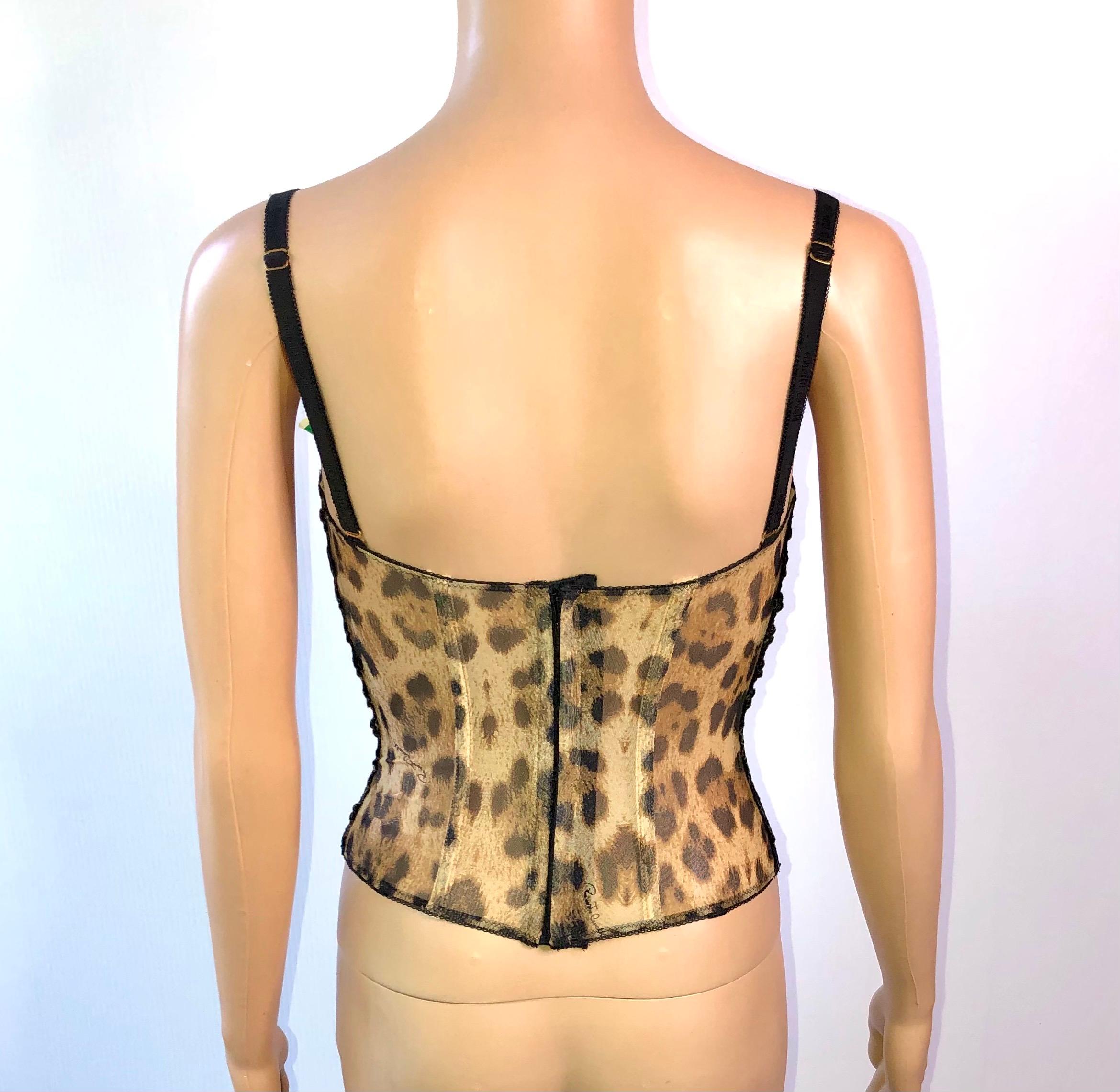 Noir Roberto Cavalli, bustier corset vintage semi-transparent imprimé léopard, jamais porté en vente