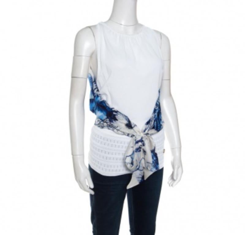 Gris Roberto Cavalli White and Blue Printed Cutout Back Tie Front Sleeveless Top S en vente