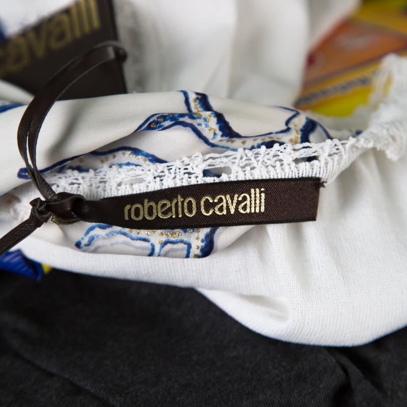 Roberto Cavalli Weißes und blaues ärmelloses Top mit bedrucktem Ausschnitt und Krawatte an der Rückseite S im Angebot 1