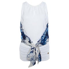 Roberto Cavalli White and Blue Printed Cutout Back Tie Front Sleeveless Top S