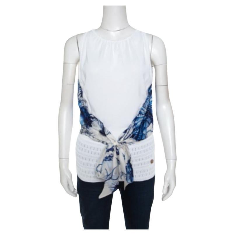 Roberto Cavalli White and Blue Printed Cutout Back Tie Front Sleeveless Top S en vente