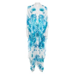 Roberto Cavalli White and Blue Underwater Printed Silk Slit Sleeve Detail Maxi D