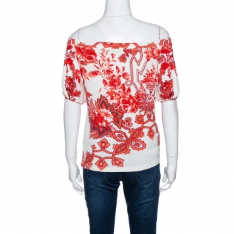 Roberto Cavalli White and Red Floral Print Off Shoulder Top L (Grau) im Angebot