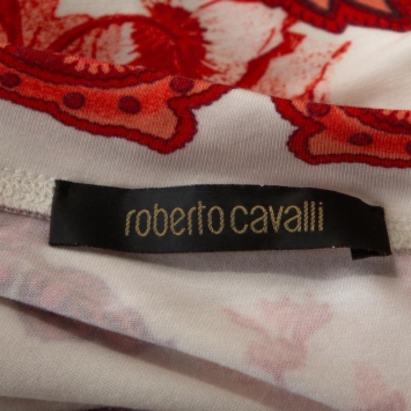 Roberto Cavalli White and Red Floral Print Off Shoulder Top L im Angebot 3