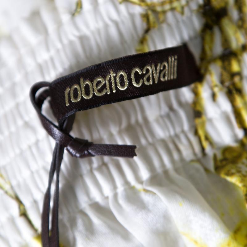 Beige Roberto Cavalli White and Yellow Floral Printed Cotton Off Shoulder Blouse M For Sale