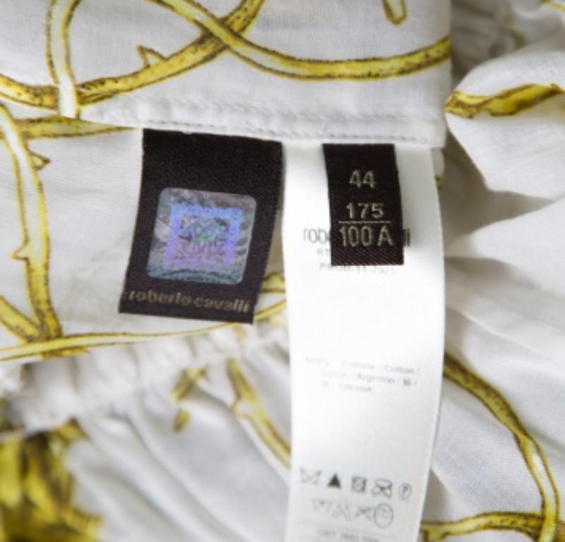 Chemisier à épaules dénudées Roberto Cavalli en coton imprimé floral blanc et jaune M en vente 1