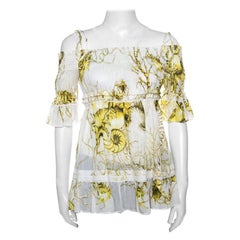 Roberto Cavalli White and Yellow Floral Printed Cotton Off Shoulder Blouse M