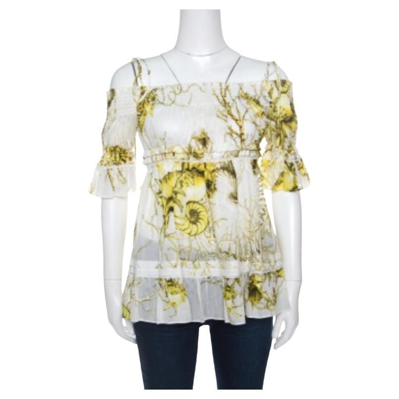 Chemisier à épaules dénudées Roberto Cavalli en coton imprimé floral blanc et jaune M en vente