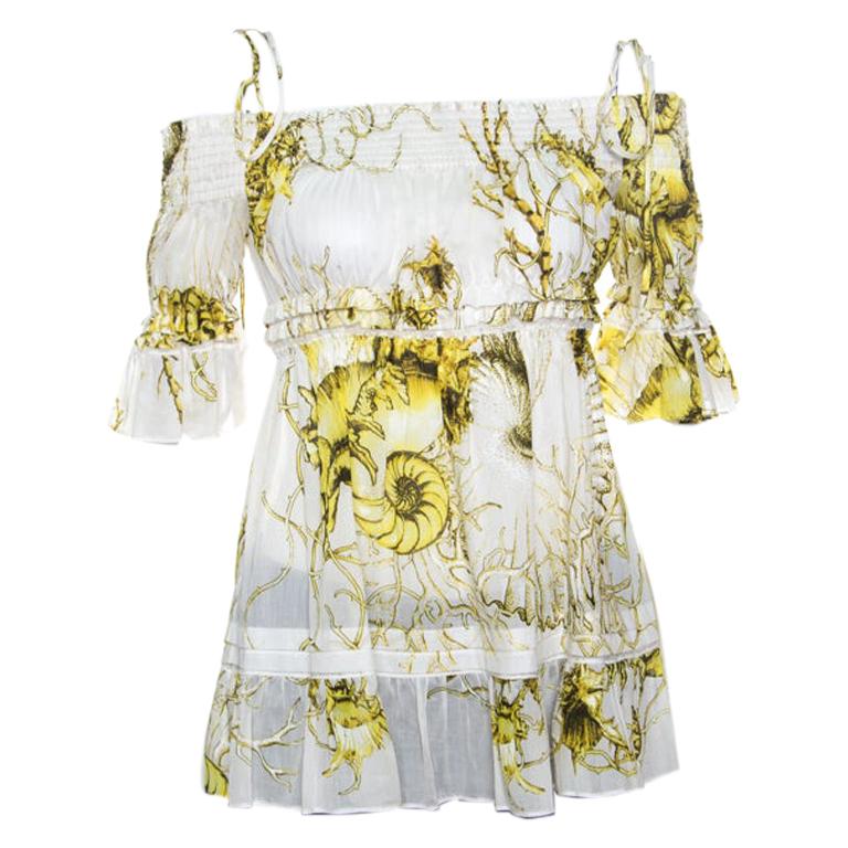 Roberto Cavalli Weiße und gelbe schulterfreie Bluse aus Baumwolle mit Blumendruck M