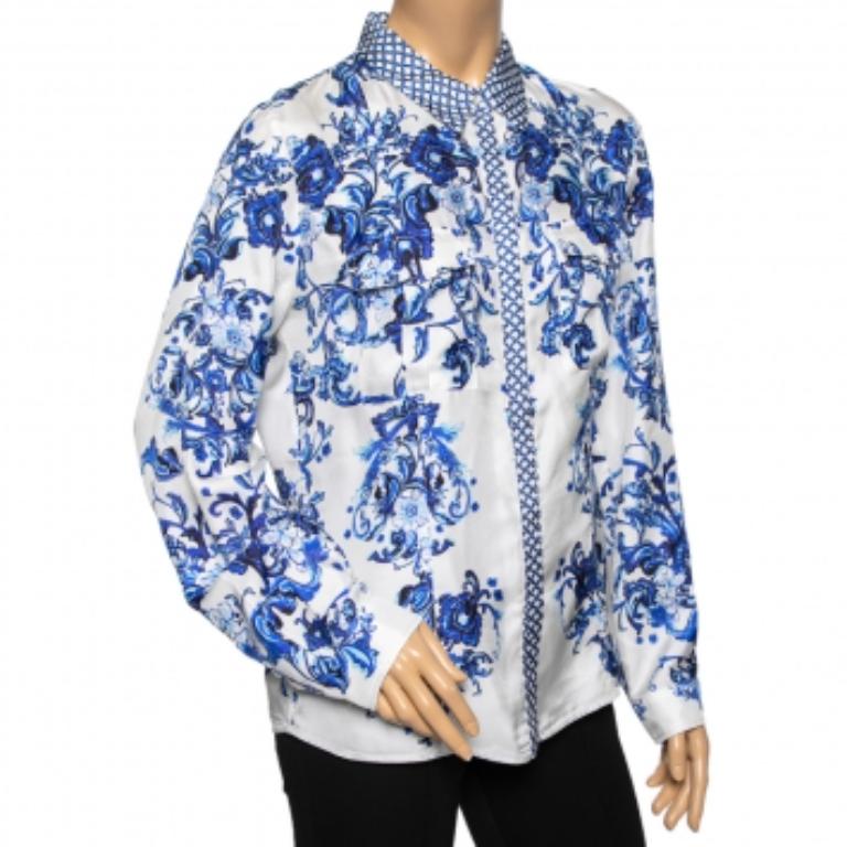 Donna Roberto Cavalli Camicia a maniche lunghe con stampa floreale bianca e blu L.L.A. in vendita