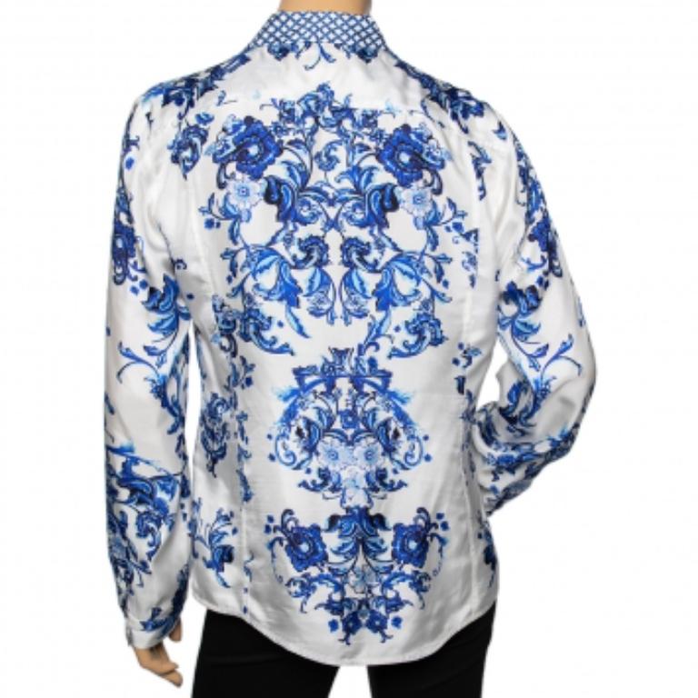 Roberto Cavalli Camicia a maniche lunghe con stampa floreale bianca e blu L.L.A. in vendita 1