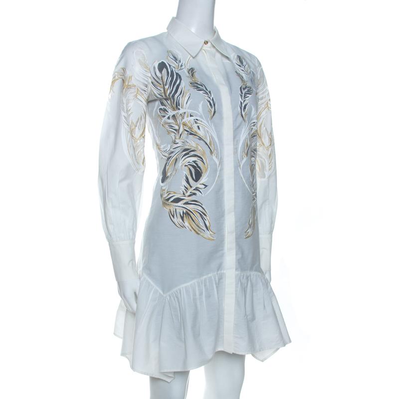Gris Roberto Cavalli - Robe chemise en coton imprimé plumes en laiton blanc S en vente