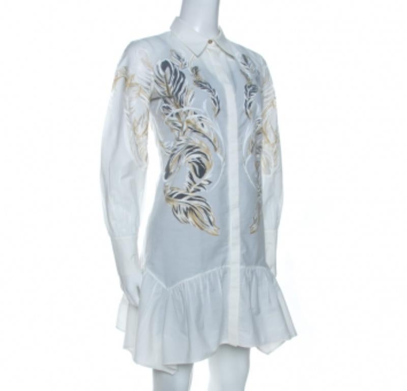Roberto Cavalli White Brasso Feather Print Cotton Shirt Dress S.S. White Pour femmes en vente