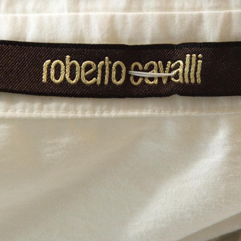 Roberto Cavalli - Robe chemise en coton imprimé plumes en laiton blanc S Pour femmes en vente