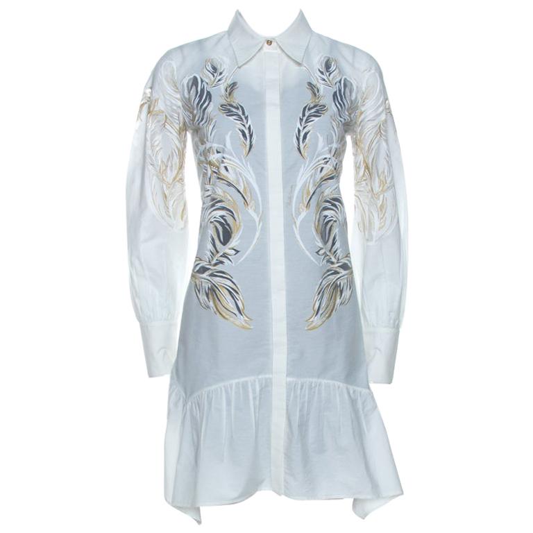 Roberto Cavalli - Robe chemise en coton imprimé plumes en laiton blanc S