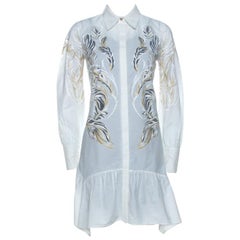Roberto Cavalli White Brasso Feather Print Cotton Shirt Dress S