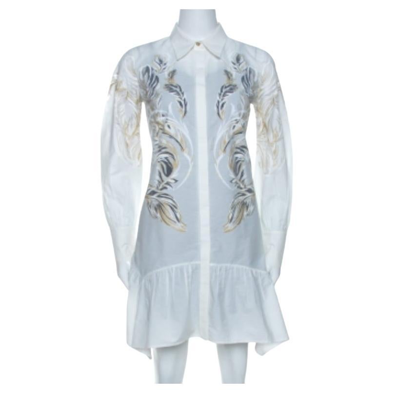 Roberto Cavalli White Brasso Feather Print Cotton Shirt Dress S.S. White en vente