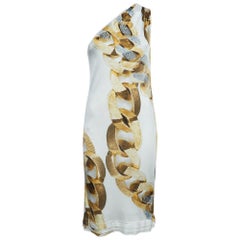 Roberto Cavalli White Chain Print Jersey One Shoulder Midi Dress M