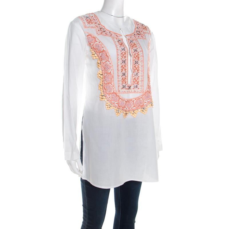 Gray Roberto Cavalli White Cotton Beaded Embroidered Detail Long Sleeve Blouse S For Sale