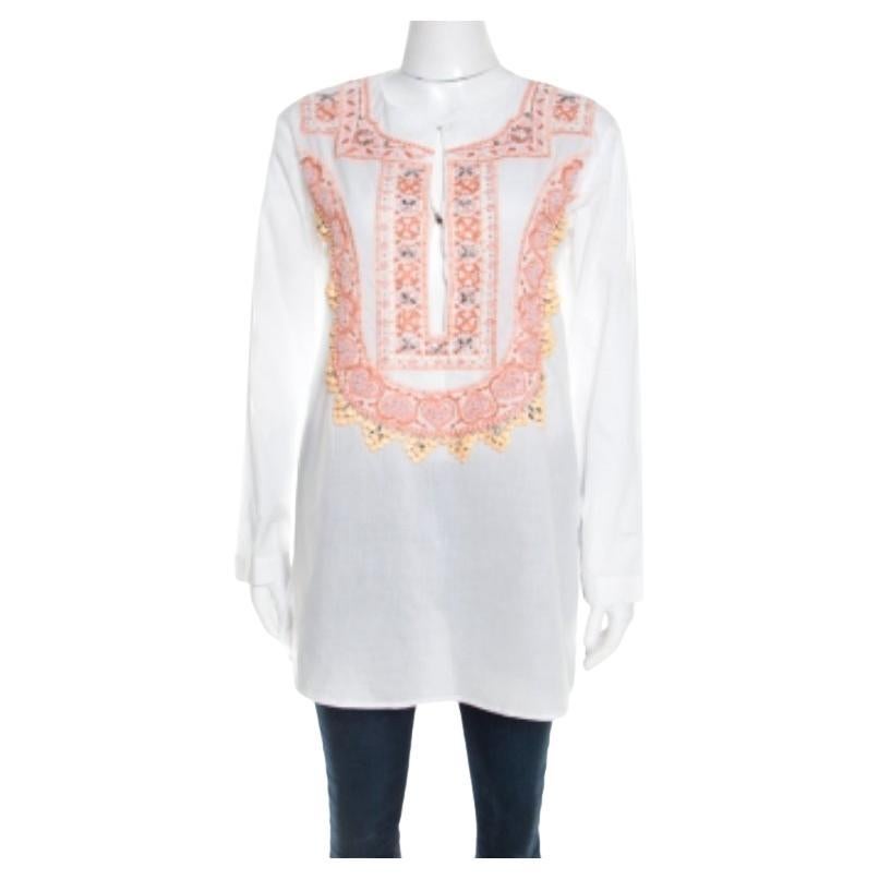Roberto Cavalli White Camicetta a maniche lunghe in cotone con perline e dettagli ricamati S. S. White