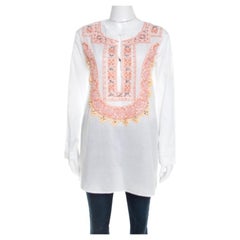 Roberto Cavalli Blusa blanca de algodón con cuentas y detalle bordado de manga larga S