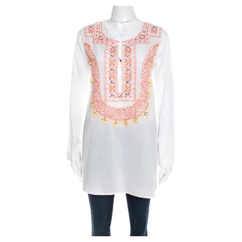Roberto Cavalli White Cotton Beaded Embroidered Detail Long Sleeve Blouse S For Sale
