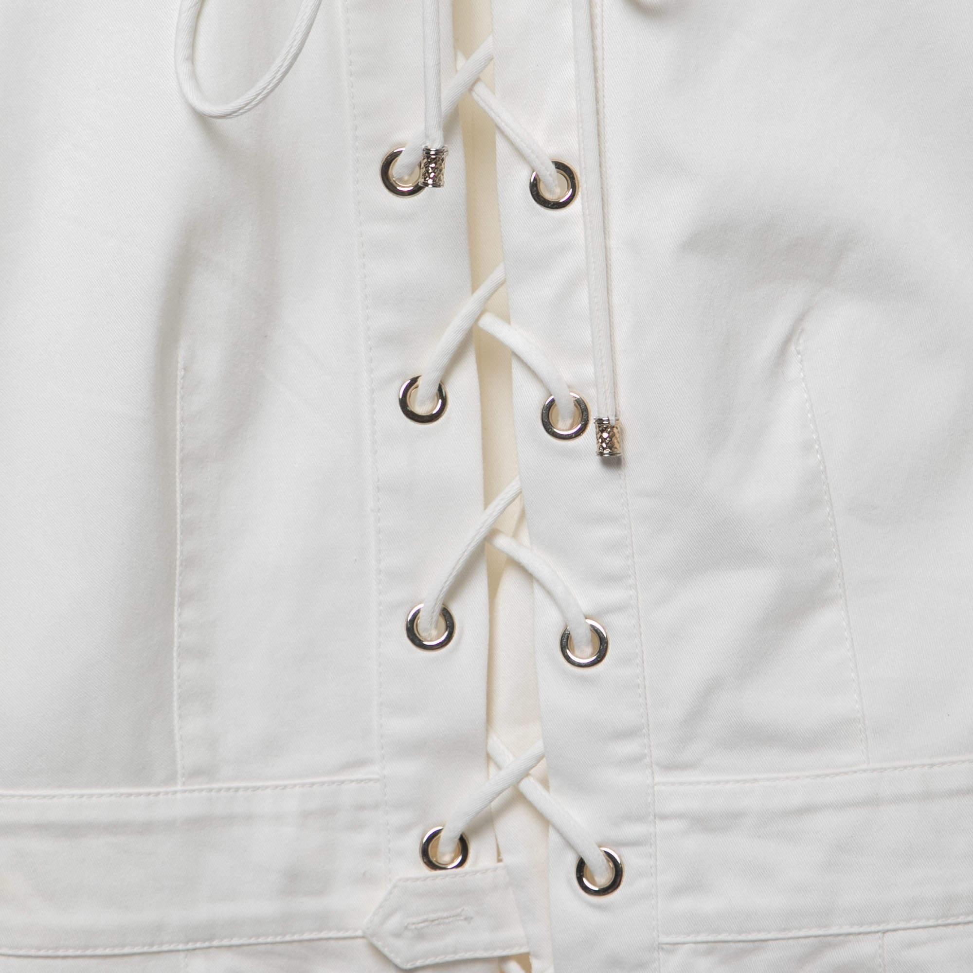 Roberto Cavalli White Cotton Twill Lace-Up Playsuit In Good Condition For Sale In Dubai, Al Qouz 2