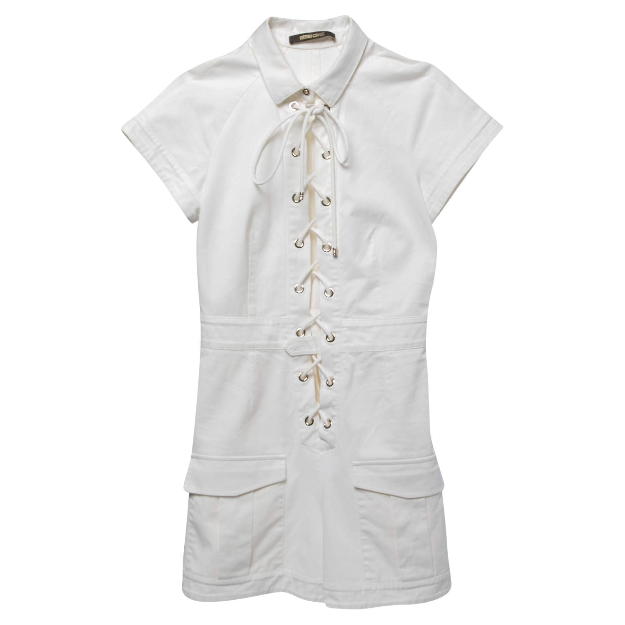 Roberto Cavalli White Cotton Twill Lace-Up Playsuit For Sale