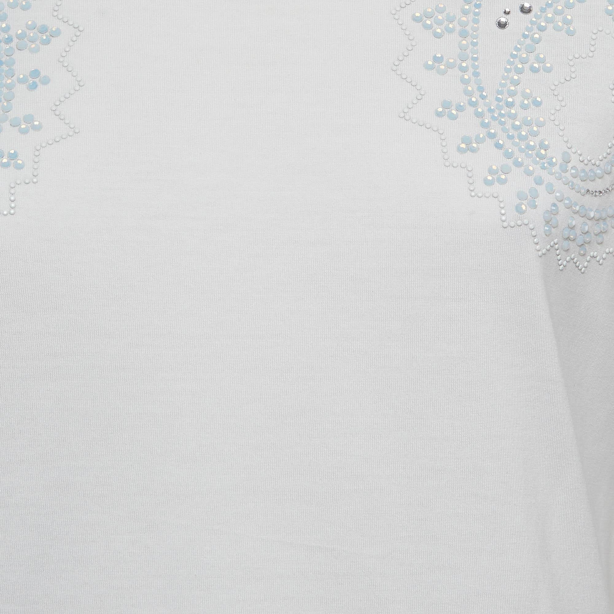 Gray Roberto Cavalli White Crystal Embellished Jersey T-Shirt M For Sale