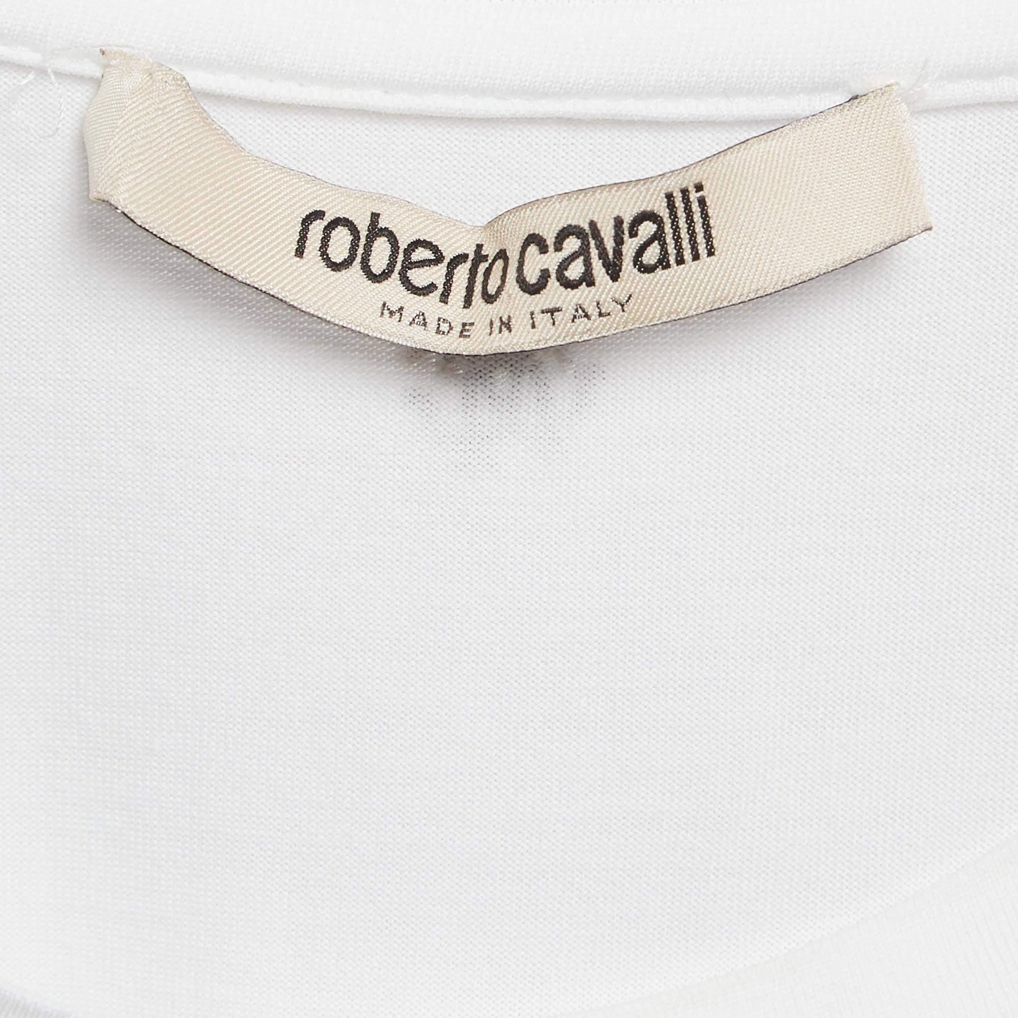 Women's Roberto Cavalli White Crystal Embellished Jersey T-Shirt M For Sale